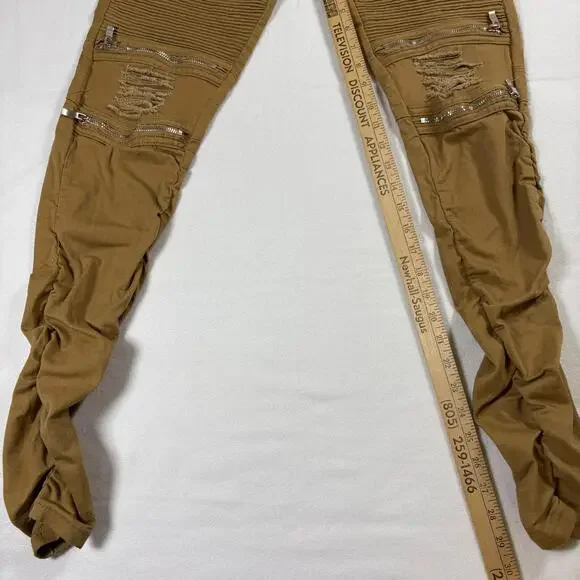 Moto Jogger Pants Mens M Tan Biker Distressed Zipper Streetwear Skinny Fit Y2K - Picture 4 of 8